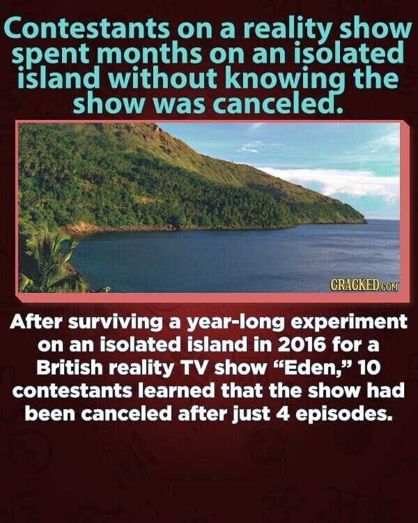 Contestants on a reality show spent months on an isolated island without knowing the show was canceled. CRACKED COM After surviving a year-long experiment on an isolated island in 2016 for a British reality TV show Eden, 10 contestants learned that the show had been canceled after just 4 episodes.
