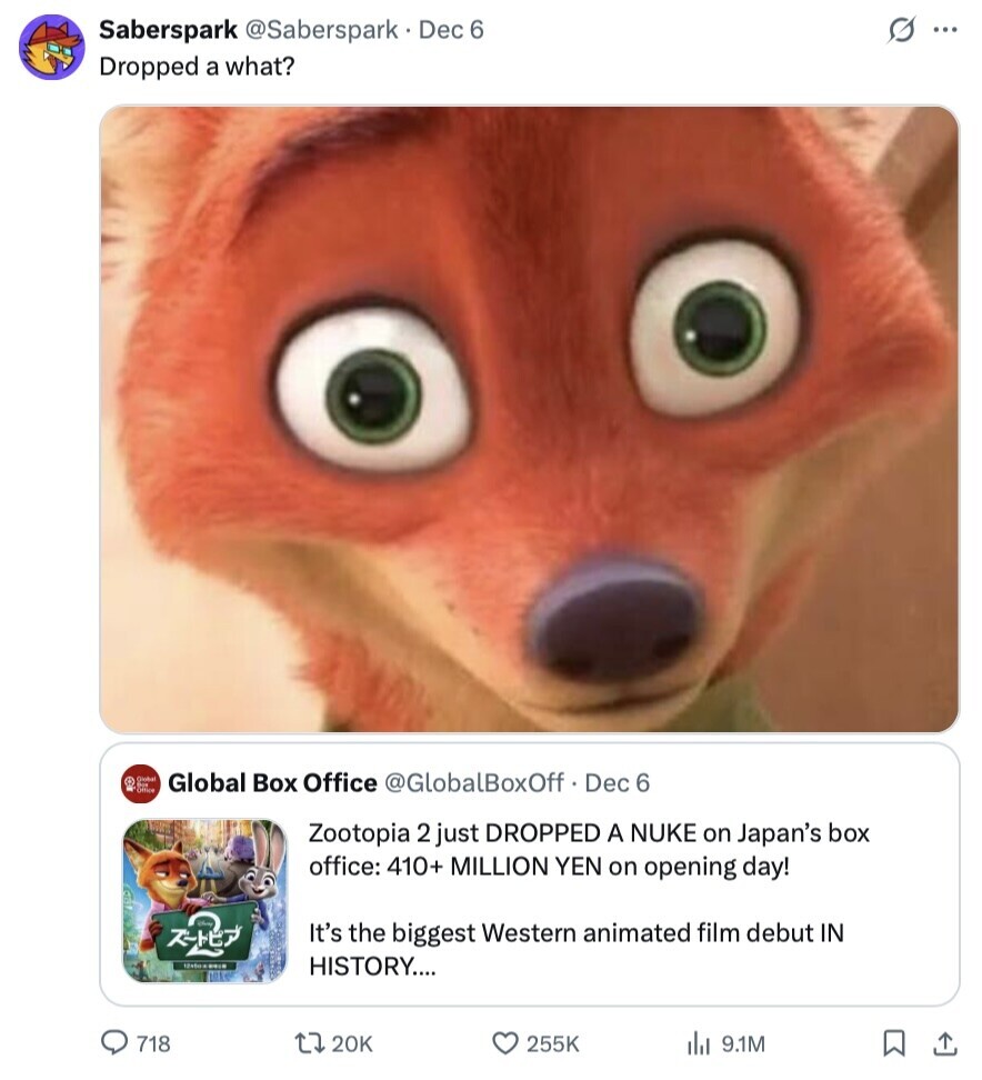 s ... Saberspark @Saberspark Dec 6 Dropped a what? Global Global Box Office @GlobalBoxOff Dec 6 Office Zootopia 2 just DROPPED A NUKE on Japan's box office: 410+ MILLION YEN on opening day! It's the biggest Western animated film debut IN HISTORY.... 718 20K 255K 9.1M 