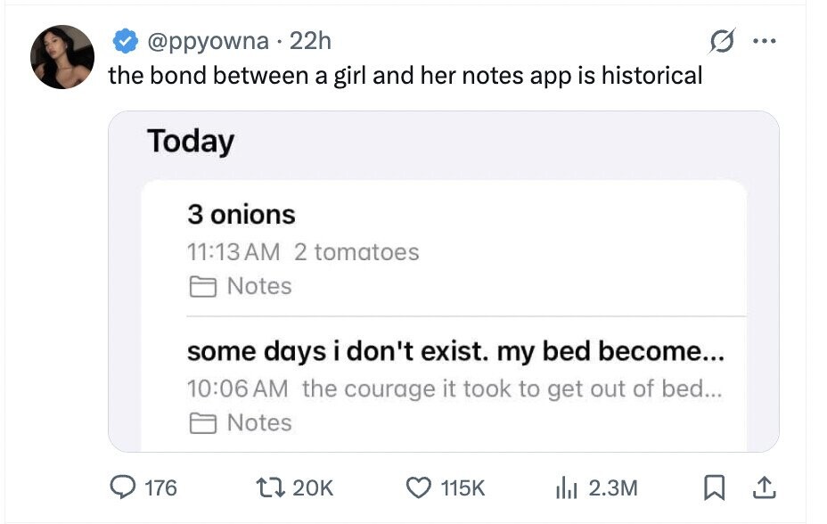 @ppyowna 22h ... the bond between a girl and her notes app is historical Today 3 onions 11:13AM 2 tomatoes Notes some days i don't exist. my bed become... 10:06 AM the courage it took to get out of bed... Notes 176 20K 115K del 2.3M