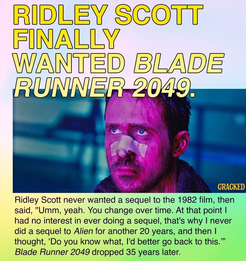 RIDLEY SCOTT FINALLY WANTED BLADE RUNNER 2049. CRACKED Ridley Scott never wanted a sequel to the 1982 film, then said, Umm, yeah. You change over time. At that point I had no interest in ever doing a sequel, that's why I never did a sequel to Alien for another 20 years, and then I thought, 'Do you know what, I'd better go back to this.'''' Blade Runner 2049 dropped 35 years later.