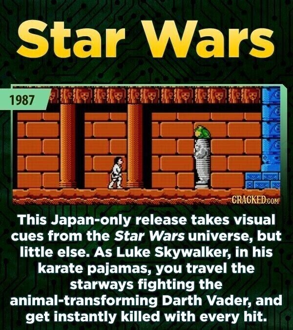 Star Wars 1987 GRACKED.COM This Japan-only release takes visual cues from the Star Wars universe, but little else. As Luke Skywalker, in his karate pajamas, you travel the starways fighting the animal-transforming Darth Vader, and get instantly killed with every hit.