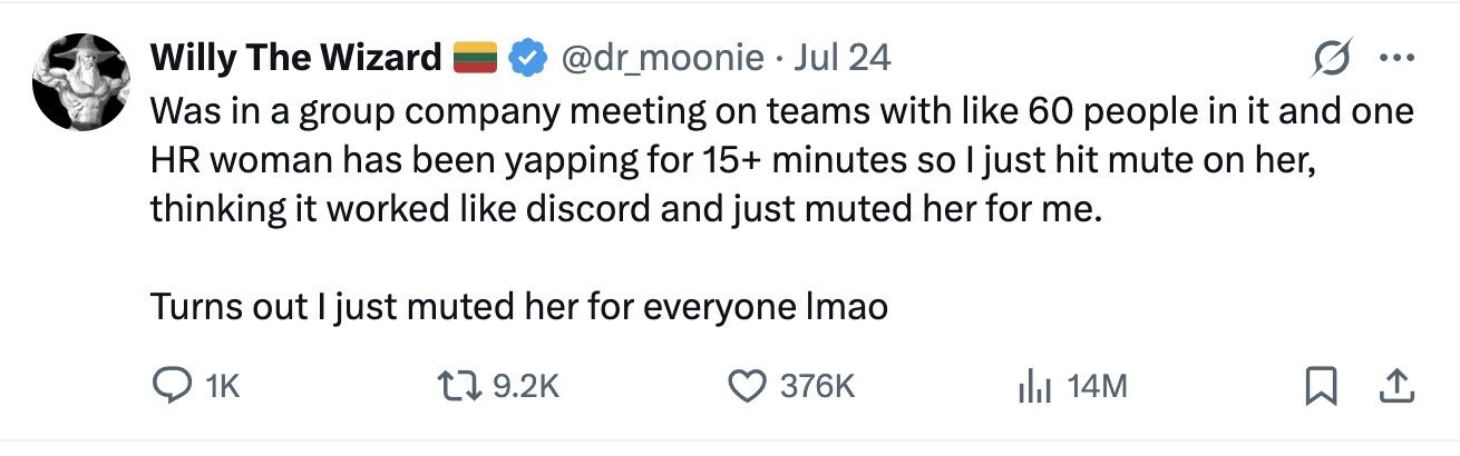 Willy The Wizard @dr_moonie . Jul 24 ... Was in a group company meeting on teams with like 60 people in it and one HR woman has been yapping for 15+ minutes so I just hit mute on her, thinking it worked like discord and just muted her for me. Turns out I just muted her for everyone Imao 1K 9.2K 376K 14M