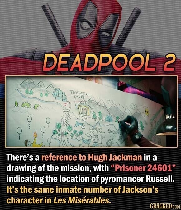 DEADPOOL 2 PRISONER 24601 Wardfort FIRTHS SEQUEL nos There's a reference to Hugh Jackman in a drawing of the mission, with Prisoner 24601 indicating the location of pyromancer Russell. It's the same inmate number of Jackson's character in Les Misérables. CRACKED.COM