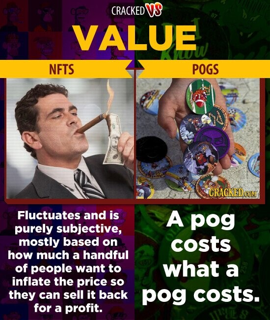 CRACKED VS 87 VALUE Know NFTS POGS CRACKED.COM Fluctuates and is A pog purely subjective, mostly based on costs how much a handful of people want to what a 258 inflate the price so they can sell it back pog costs. for a profit. Run