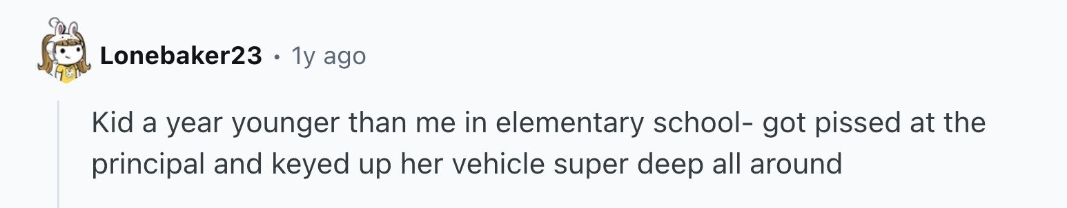 Lonebaker23 . 1y ago Kid a year younger than me in elementary school- got pissed at the principal and keyed up her vehicle super deep all around