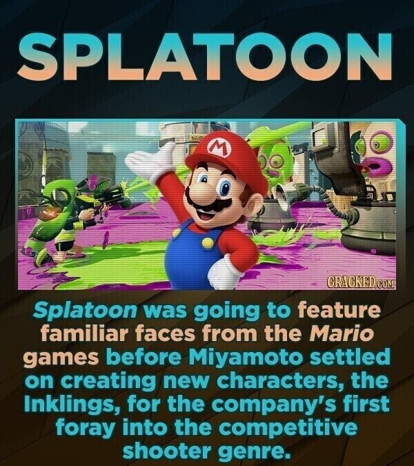 SPLATOON THE M CRACKED.COM Splatoon was going to feature familiar faces from the Mario games before Miyamoto settled on creating new characters, the Inklings, for the company's first foray into the competitive shooter genre.