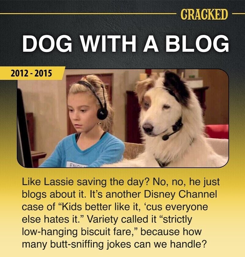 CRACKED DOG WITH A BLOG 2012-2015 ENC Like Lassie saving the day? No, no, he just blogs about it. It's another Disney Channel case of Kids better like it, 'cus everyone else hates it. Variety called it strictly low-hanging biscuit fare, because how many butt-sniffing jokes can we handle?