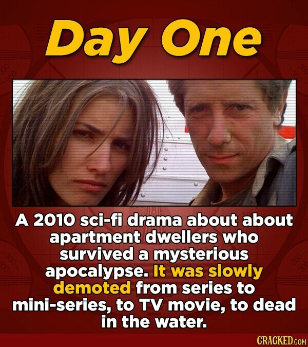 Day One A 2010 sci-fi drama about about apartment dwellers who survived a mysterious 350 apocalypse. It was slowly demoted from series to mini-series, to TV movie, to dead in the water. CRACKED.COM