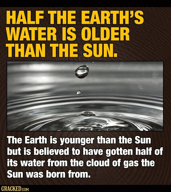 HALF THE EARTH'S WATER IS OLDER THAN THE SUN. The Earth is younger than the Sun but is believed to have gotten half of its water from the cloud of gas the Sun was born from. CRACKED.COM