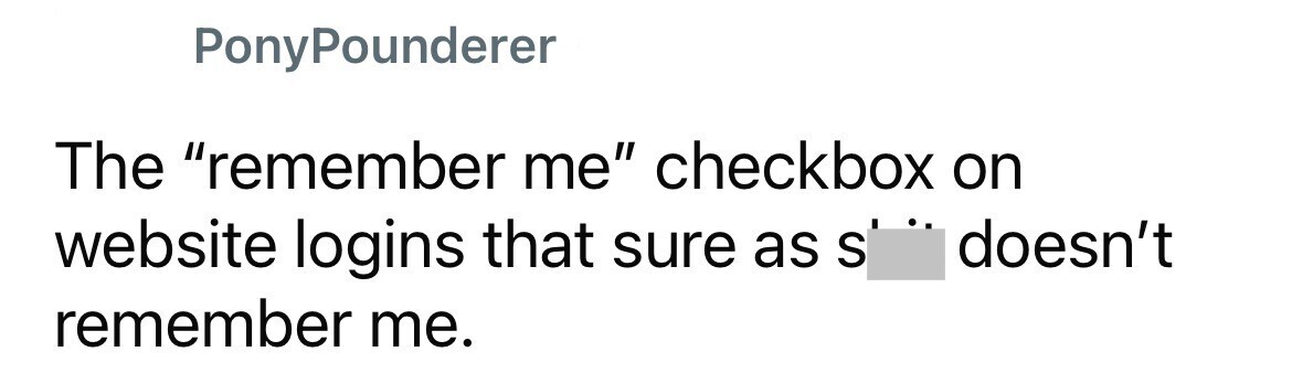 PonyPounderer The remember me checkbox on website logins that sure as S doesn't remember me.