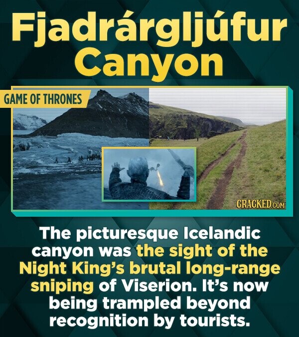 Fjadrargljufur Canyon GAME OF THRONES CRACKED.COM The picturesque Icelandic canyon was the sight of the Night King's brutal long-range sniping of Viserion. It's now being trampled beyond recognition by tourists.