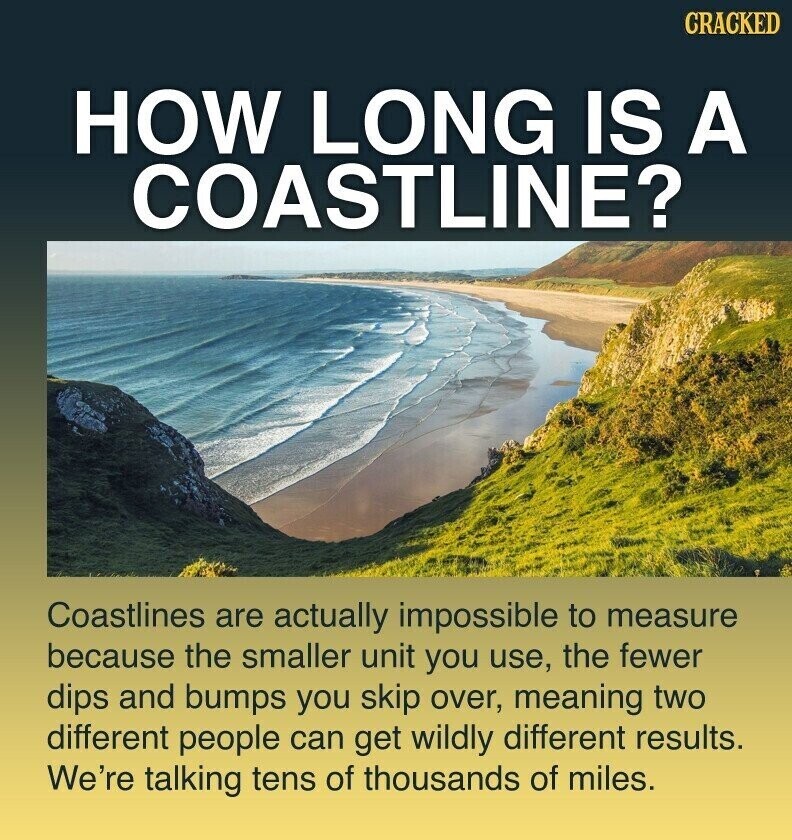 CRACKED HOW LONG IS A COASTLINE? Coastlines are actually impossible to measure because the smaller unit you use, the fewer dips and bumps you skip over, meaning two different people can get wildly different results. We're talking tens of thousands of miles.