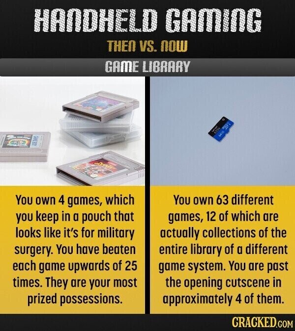 HANDHELD GAMING THEN VS. NOW GAME LIBRARY lawar ASS MAD You own 4 games, which You own 63 different you keep in a pouch that games, 12 of which are looks like it's for military actually collections of the entire library of a different surgery. You have beaten each game upwards of 25 game system. You are past times. They are your most the opening cutscene in prized possessions. approximately 4 of them. CRACKED.COM