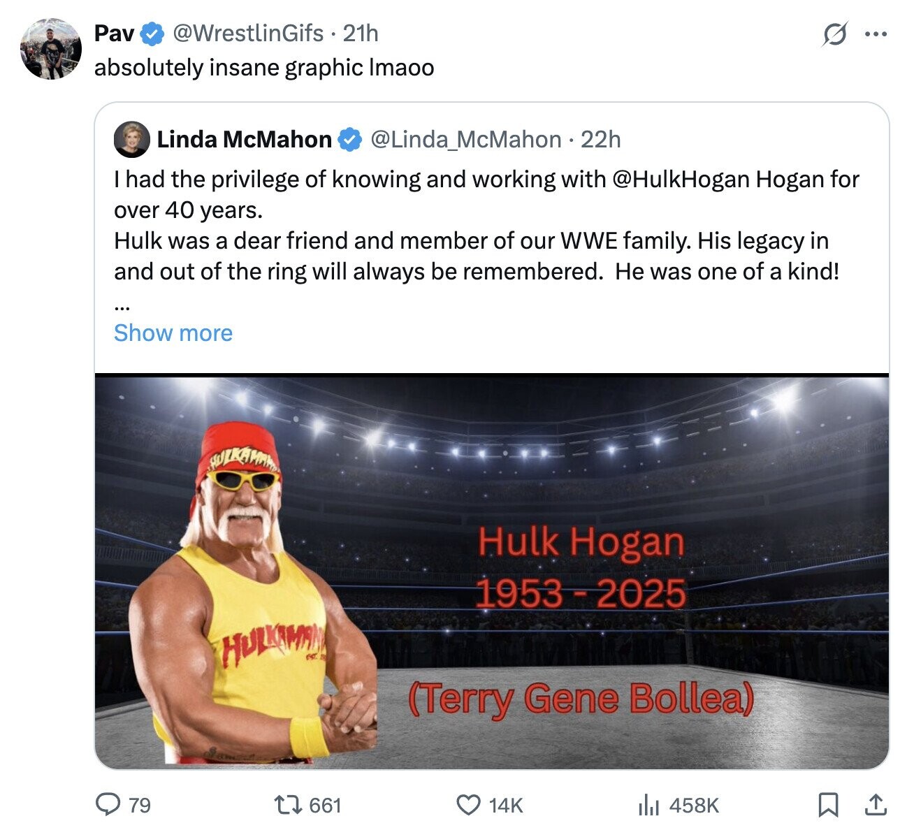 Pav @WrestlinGifs 21h S ... absolutely insane graphic Imaoo Linda McMahon @Linda_McMahon22h I had the privilege of knowing and working with @HulkHogan Hogan for over 40 years. Hulk was a dear friend and member of our WWE family. His legacy in and out of the ring will always be remembered. Не was one of a kind! ... Show more Hulk Hogan 1953-2025 HULLOWADE (Terry Gene Bollea) 661 458K 79 14K