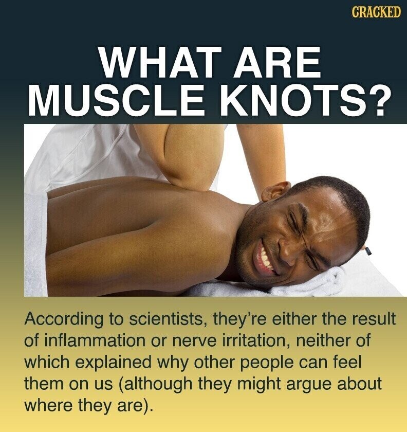 CRACKED WHAT ARE MUSCLE KNOTS? According to scientists, they're either the result of inflammation or nerve irritation, neither of which explained why other people can feel them on us (although they might argue about where they are).