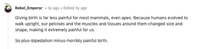 Rebel_Emperor - Зу ago Edited Зу ago Giving birth is far less painful for most mammals, even apes. Because humans evolved to walk upright, our pelvises and the muscles and tissues around them changed size and shape, making it extremely painful for us. So plus-bipedalism minus-horribly painful birth. 