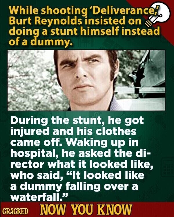 While shooting 'Deliverance! Burt Reynolds insisted on doing a stunt himself instead of a dummy. During the stunt, he got injured and his clothes came off. Waking up in hospital, he asked the di- rector what it looked like, who said, It looked like a dummy falling over a waterfall. CRACKED NOW YOU KNOW