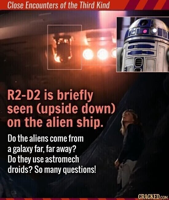 Close Encounters of the Third Kind R2-D2 is briefly seen (upside down) on the alien ship. Do the aliens come from a galaxy far, far away? Do they use astromech droids? So many questions! CRACKED.COM