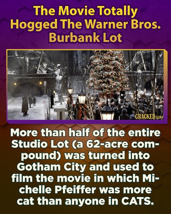 The Movie Totally Hogged The Warner Bros. Burbank Lot CRACKED.COM More than half of the entire Studio Lot (a 62-acre com- pound) was turned into Gotham City and used to film the movie in which Mi- chelle Pfeiffer was more cat than anyone in CATS.
