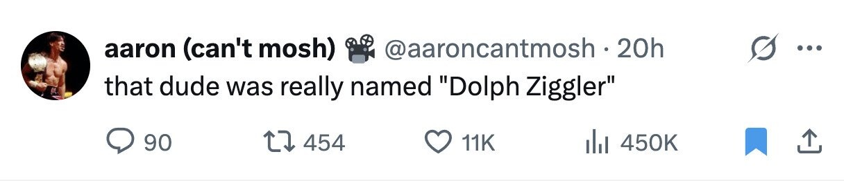 aaron (can't mosh) @aaroncantmosh.20h that dude was really named Dolph Ziggler 90 454 11K 450K