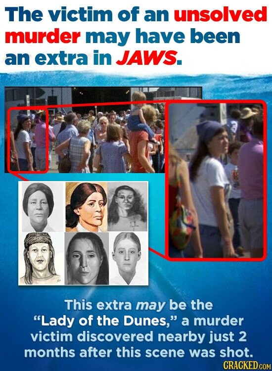 The victim of an unsolved murder may have been an extra in JAWS. This extra may be the Lady of the Dunes, a murder victim discovered nearby just 2 months after this scene was shot. CRACKED.COM