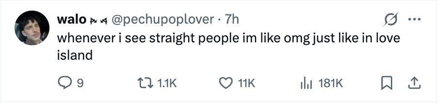 walo As A @pechupoplover 7h ... whenever i see straight people im like omg just like in love island 9 1.1K 11K 181K