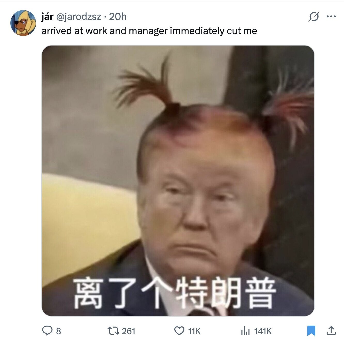 s ... jár @jarodzsz 20h arrived at work and manager immediately cut me 8 261 11K del 141K 