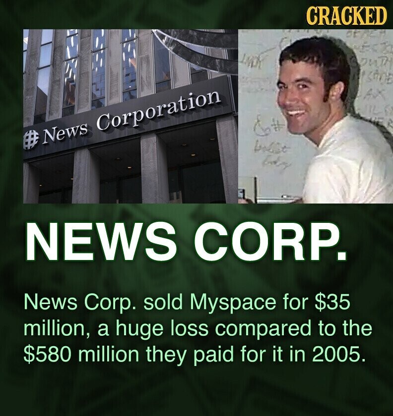 CRACKED OFFER NECK СОНТН AX JIL HER #News Corporation body NEWS CORP. News Corp. sold Myspace for $35 million, a huge loss compared to the $580 million they paid for it in 2005.