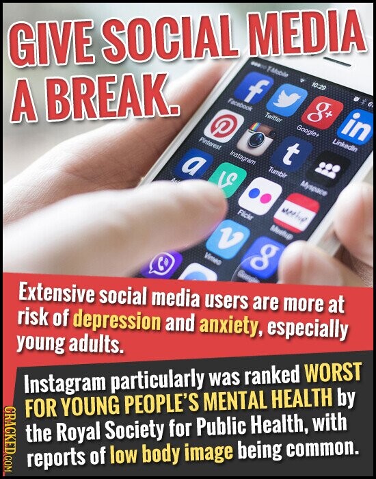10:29 ... F-Mobile in g+ f LinkedIn Google+ Twitter Facebook t P Myspace Tumblr Instagram GIVE SOCIAL MEDIA Pinterest V meeting a Meature Flickr A BREAK. An v g Vimeo Google Extensive social media users are more at risk of depression and anxiety, especially young adults. Instagram particularly was ranked WORST CRACKED COM FOR YOUNG PEOPLE'S MENTAL HEALTH by the Royal Society for Public Health, with reports of low body image being common.