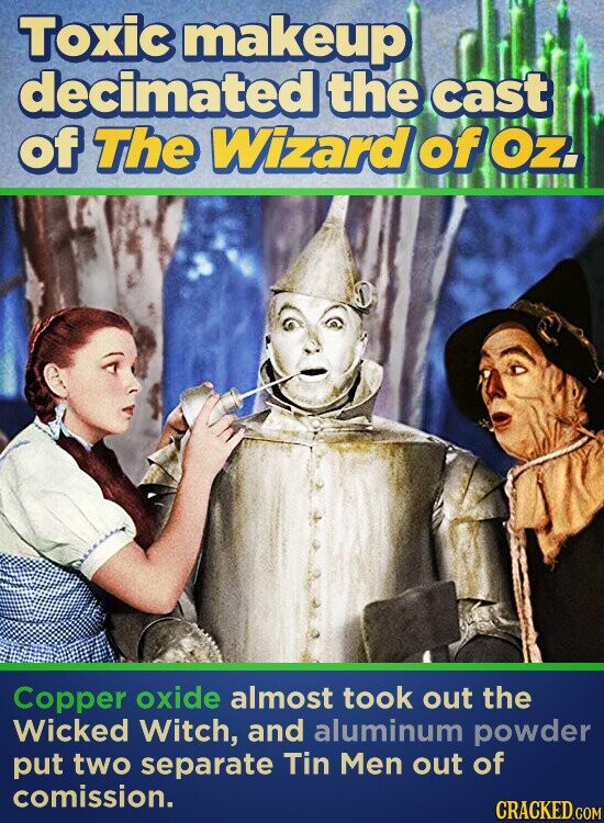 Toxic makeup decimated the cast of The Wizard of oz. Copper oxide almost took out the Wicked Witch, and aluminum powder put two separate Tin Men out of comission. CRACKED.COM