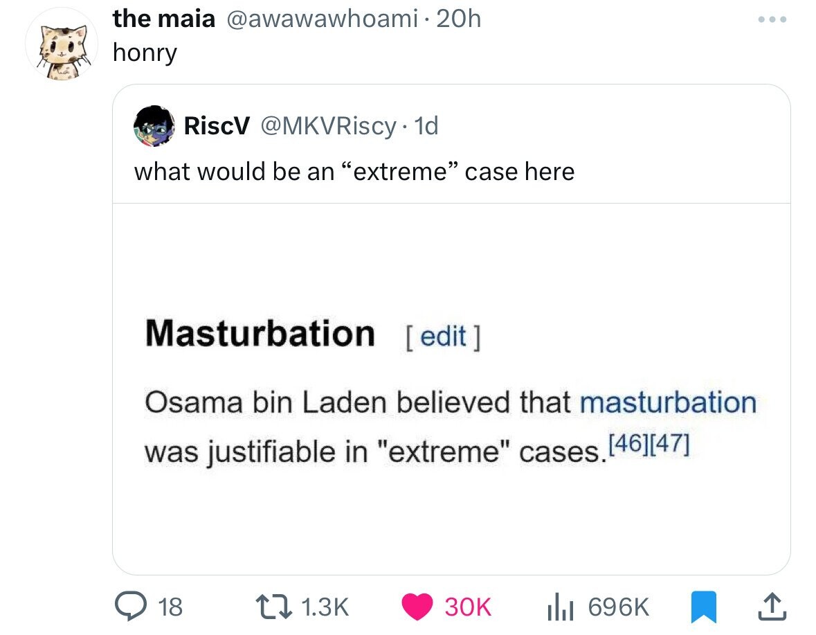 the maia @awawawhoami 20h honry RiscV @MKVRiscy·1 1d what would be an extreme case here Masturbation [ edit ] | Osama bin Laden believed that masturbation was justifiable in extreme cases. [46][47] 18 1.3K 30K 696K 