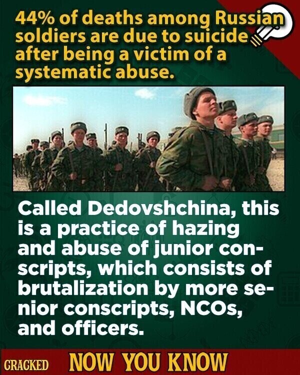 44% of deaths among Russian soldiers are due to suicide after being a victim of a systematic abuse. Called Dedovshchina, this is a practice of hazing and abuse of junior con- scripts, which consists of brutalization by more se- nior conscripts, NCOs, and officers. CRACKED NOW YOU KNOW