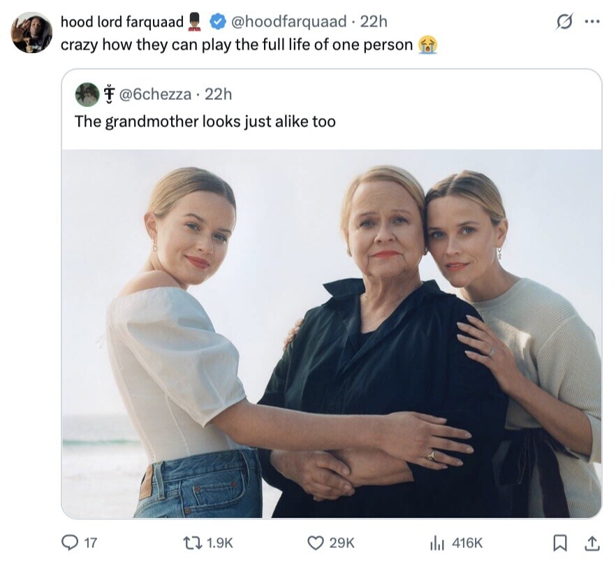 @hoodfarquaad 22h hood lord farquaad S ... crazy how they can play the full life of one person @6chezza a 22h The grandmother looks just alike too 17 1.9K 29K 416K 