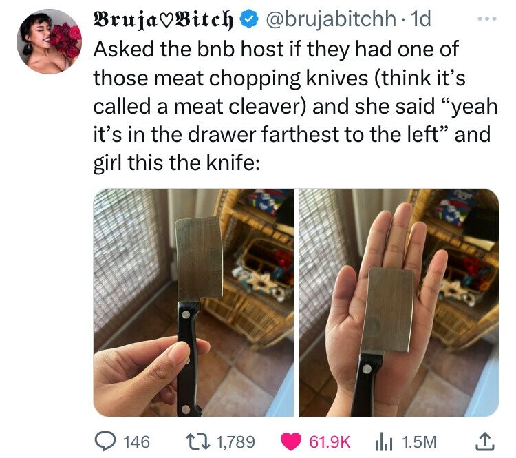 Bruja Bitch @brujabitchh. 1d ... Asked the bnb host if they had one of those meat chopping knives (think it's called a meat cleaver) and she said yeah it's in the drawer farthest to the left and girl this the knife: 146 1,789 61.9K 1.5M 