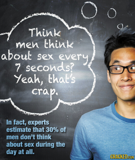 Think men think about sex every 7 seconds? Yeah, that's crap. In fact, experts estimate that 30% of men don't think about sex during the day at all. CRACKED.COM