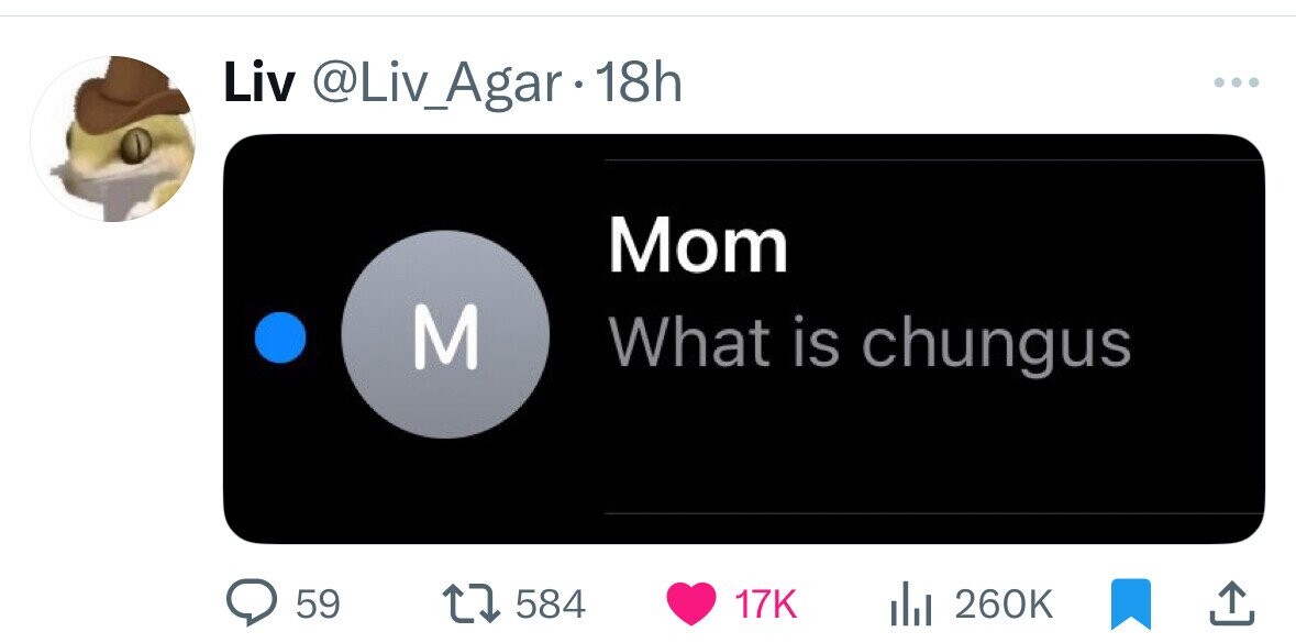 Liv @Liv_Agar 18h Mom M What is chungus 59 584 17K 260K 