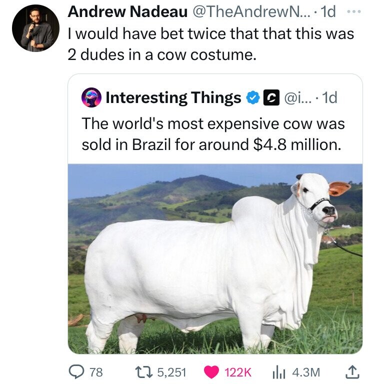 Andrew Nadeau @TheAndrewN... 1d ... I would have bet twice that that this was 2 dudes in a cow costume. Interesting Things @i... 1d The world's most expensive cow was sold in Brazil for around $4.8 million. 78 5,251 122K 4.3M 