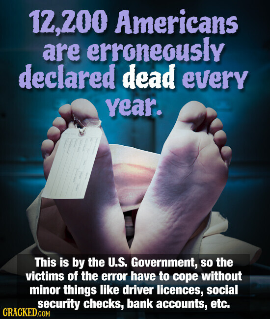 12,200 Americans are erroneously declared dead every Year. | I I I I This is by the U.S. Government, so the victims of the error have to cope without minor things like driver licences, social security checks, bank accounts, etc. CRACKED.COM