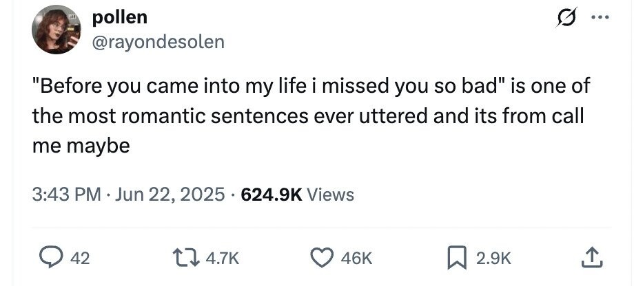 pollen ... @rayondesolen Before you came into my life i missed you so bad is one of the most romantic sentences ever uttered and its from call me maybe 3:43 PM Jun 22, 2025 624.9K Views 42 4.7K 46K 2.9K