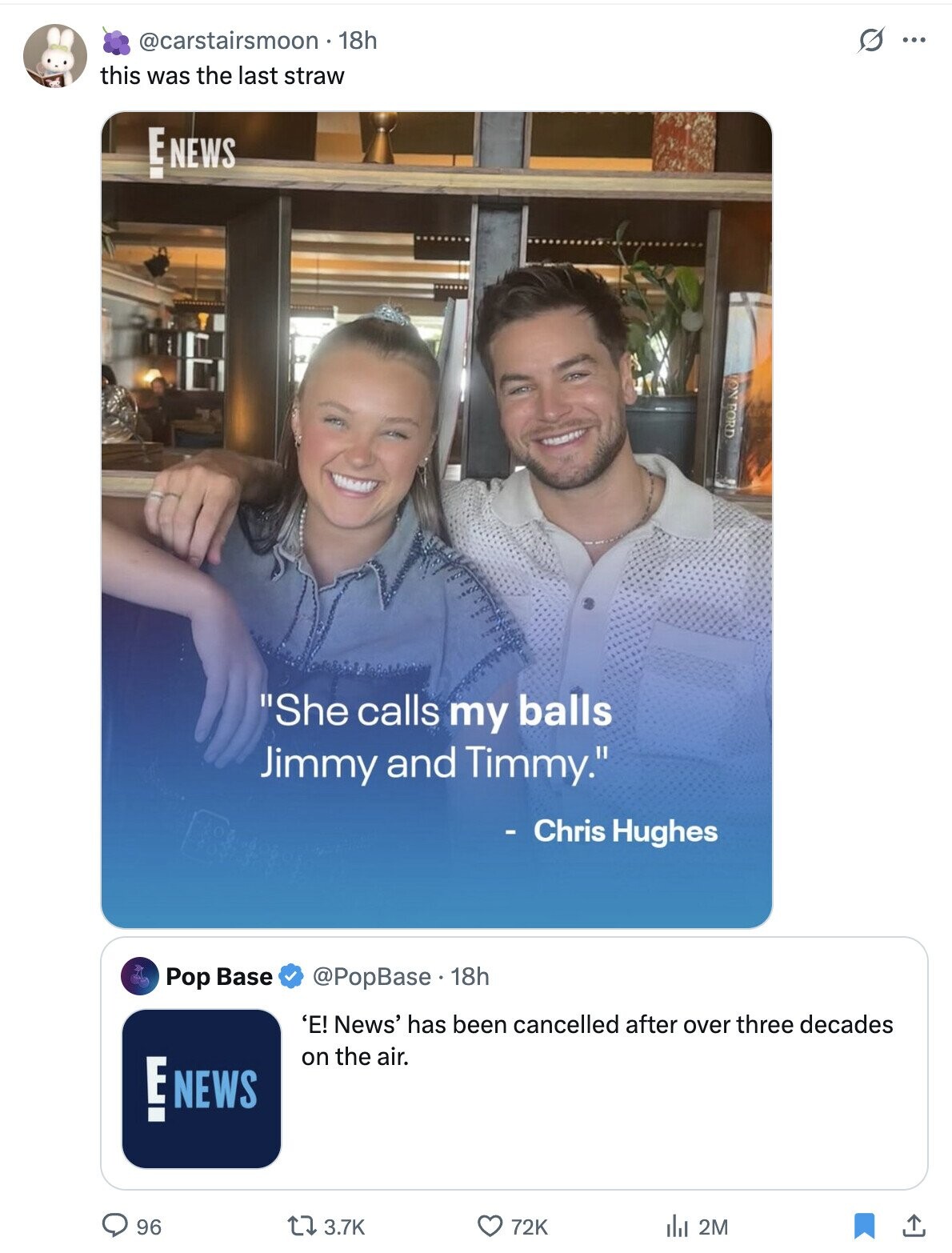 G ... @carstairsmoon 18h this was the last straw E NEWS ON FORD She calls my balls Jimmy and Timmy. - Chris Hughes Pop Base @PopBase.18h 'E! News' has been cancelled after over three decades on the air. E NEWS 96 3.7K 72K del 2M