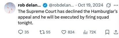 rob delan... @robdelan... Oct 19, 2024 G ... The Supreme Court has declined the Hamburglar's appeal and he will be executed by firing squad tonight. 35 55 824 72K 