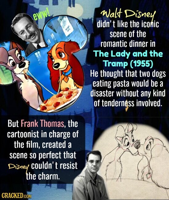 eww! walt Disney didn't like the iconic il I are scene of the romantic dinner in The Lady and the Tramp (1955) Не thought that two dogs eating pasta would be a disaster without any kind of tenderness involved. But Frank Thomas, the cartoonist in charge of the film, created a scene so perfect that Disney couldn't resist the charm. CRACKED.COM