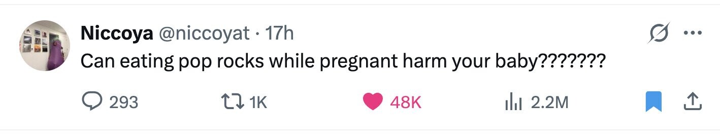 Niccoya @niccoyat 17h ... Can eating pop rocks while pregnant harm your baby??????? 293 1K 48K del 2.2M