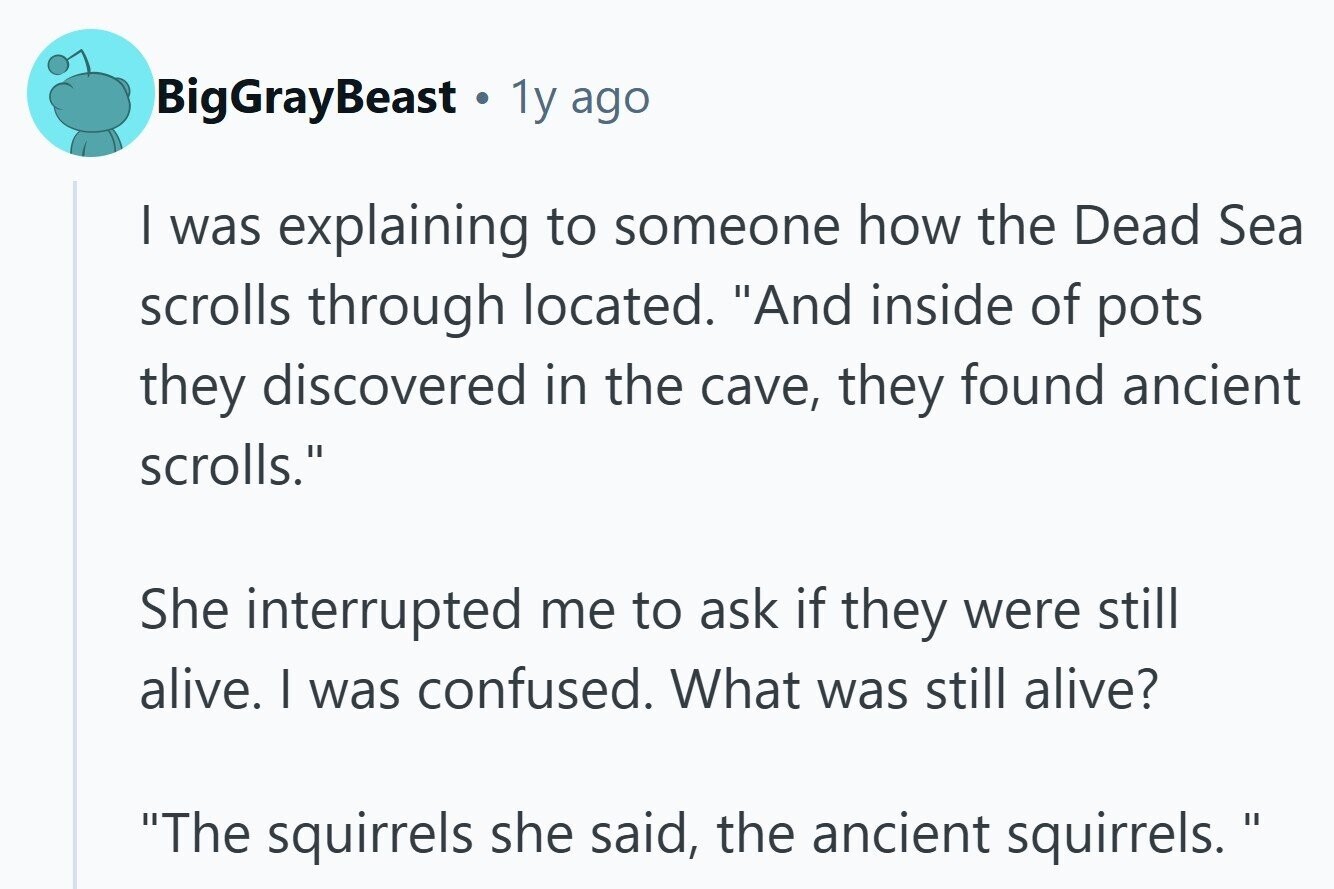 BigGrayBeast . 1y ago I was explaining to someone how the Dead Sea scrolls through located. And inside of pots they discovered in the cave, they found ancient scrolls. She interrupted me to ask if they were still alive. I was confused. What was still alive? The squirrels she said, the ancient squirrels.  