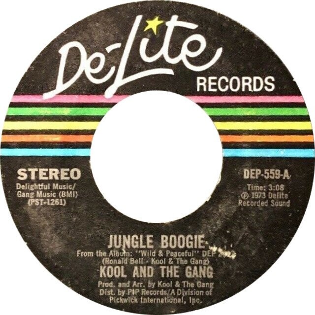 DeLite RECORDS STEREO DEP-559-A Delightful Music/ Time: 3:08 Gang Music (BMI) 1973 Delite (PST-1261) Recorded Sound JUNGLE BOOGIE From the Album: Wild & Peaceful DEP (Ronald Bell Kool & The Gang) KOOL AND THE GANG Prod. and Arr. by Köol & The Gang Dist. by.PIP Records/A Division of Pickwick International, Inc.