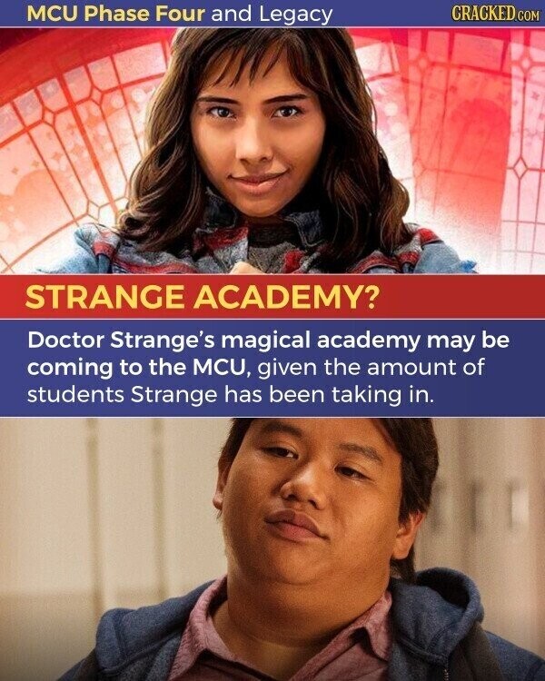MCU Phase Four and Legacy CRACKED.COM STRANGE ACADEMY? Doctor Strange's magical academy may be coming to the MCU, given the amount of students Strange has been taking in.
