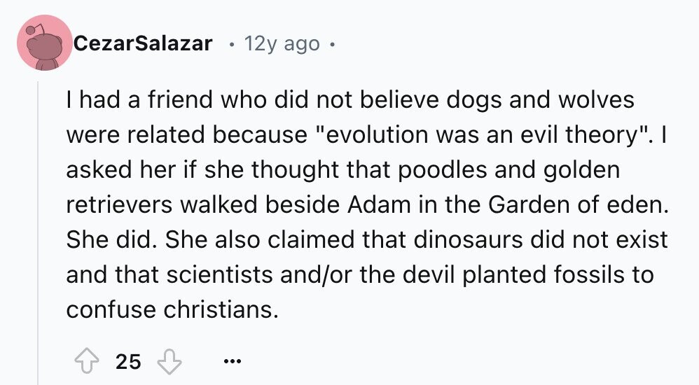 CezarSalazar 12y ago I had a friend who did not believe dogs and wolves were related because evolution was an evil theory. I asked her if she thought that poodles and golden retrievers walked beside Adam in the Garden of eden. She did. She also claimed that dinosaurs did not exist and that scientists and/or the devil planted fossils to confuse christians. 25 ...