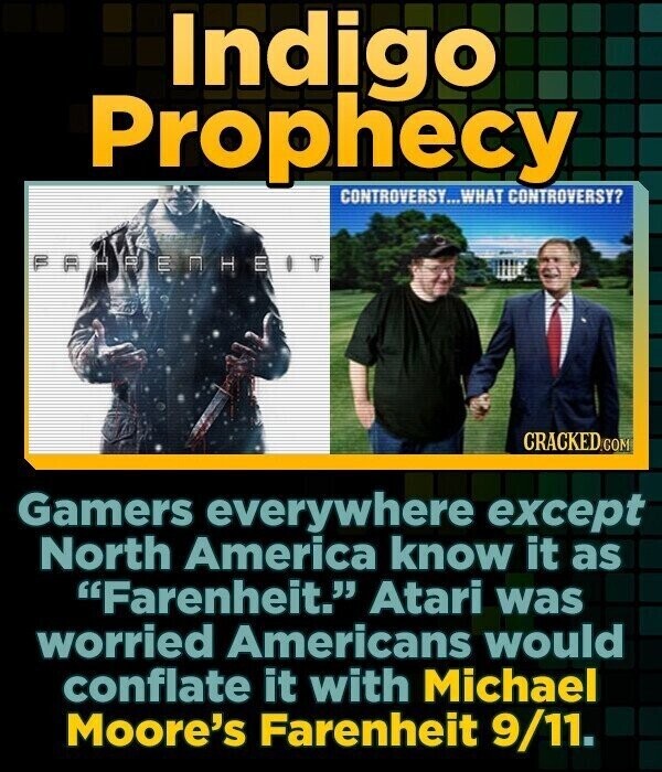 Indigo Prophecy CONTROVERSY...WHAT CONTROVERSY? FAHEENHEIT CRACKED.COM Gamers everywhere except North America know it as Farenheit. Atari was worried Americans would conflate it with Michael Moore's Farenheit 9/11.