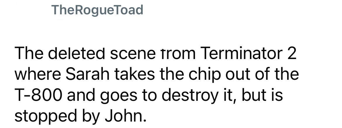 TheRogueToad The deleted scene from Terminator 2 where Sarah takes the chip out of the T-800 and goes to destroy it, but is stopped by John.