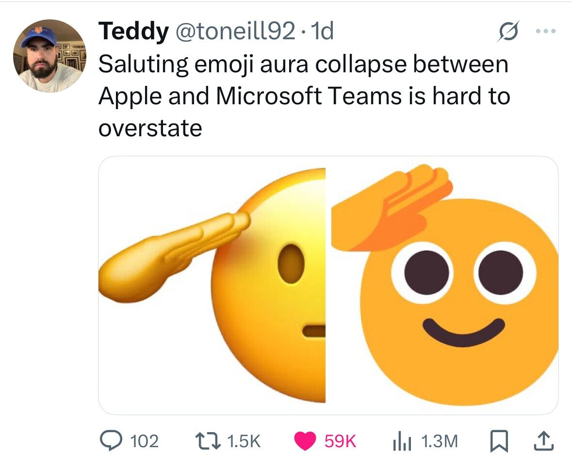 Teddy @toneill92. 1d ... Saluting emoji aura collapse between Apple and Microsoft Teams is hard to overstate 102 1.5K 59K 1.3M 